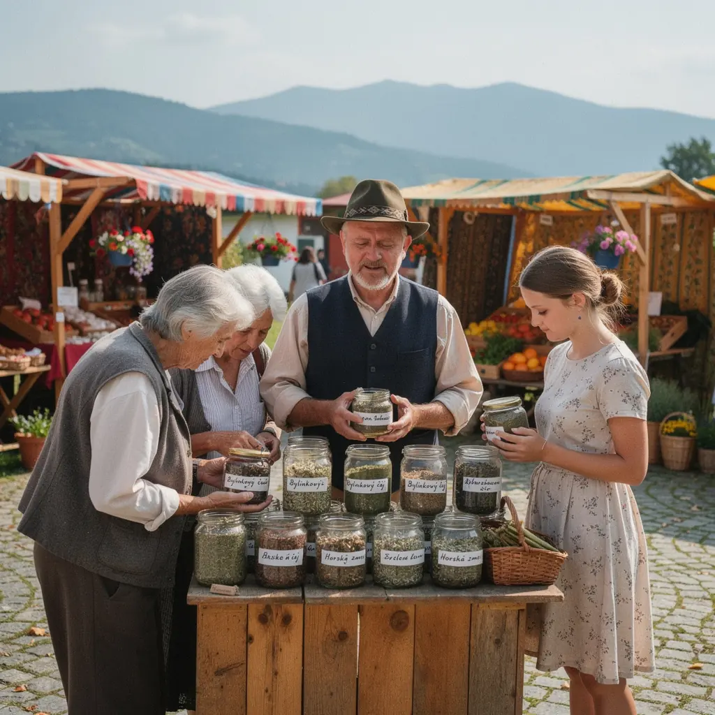 Zobrazenie byliniek a sušených kvetov vedľa šálky čaju